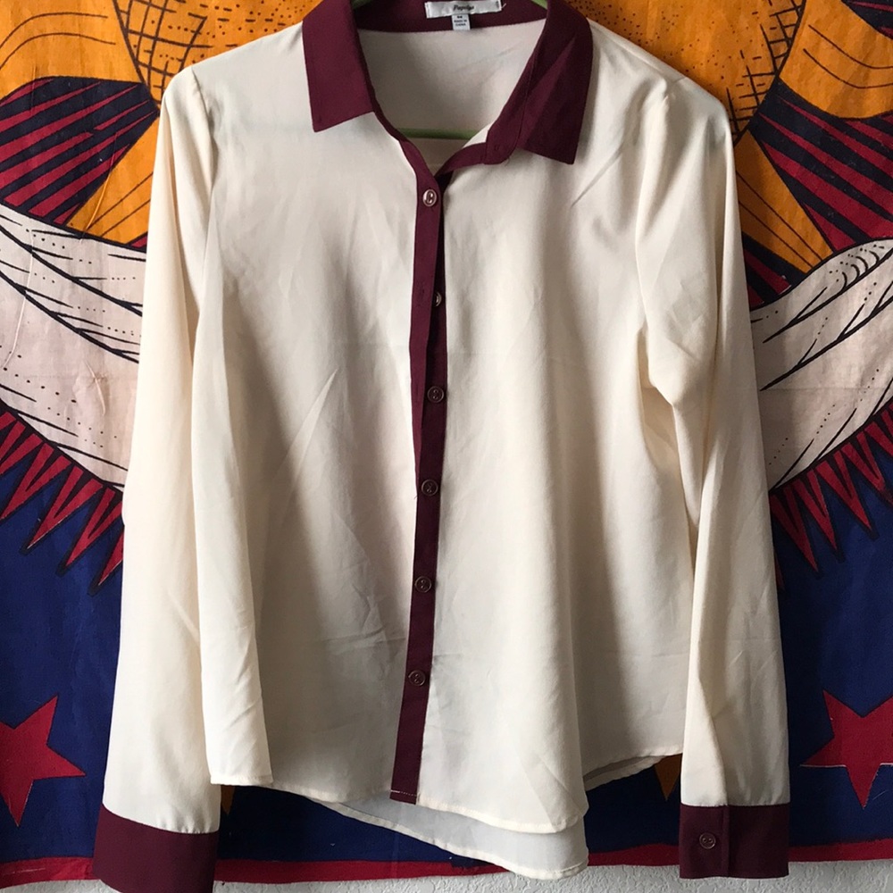 Cream and maroon sheer long sleeve blouse 👚